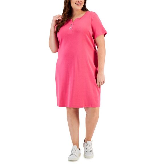 Plus Size Toggle-Neck Short-Sleeve Henley Dress - Picture 1 of 1